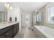 Modern bathroom with double vanity, soaking tub, and sleek glass shower at 6591 N Ceylon St, Denver, CO 80249