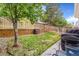 Private backyard with a retaining wall, grill, patio and mature trees and lawn at 6110 Raleigh Cir, Castle Rock, CO 80104
