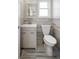 Cozy bathroom showcases modern fixtures, vanity with storage, a toilet, and decorative gray tiling at 5324 S Malta Way, Centennial, CO 80015