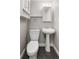 Cozy powder room with a white pedestal sink, a toilet, and a mirrored cabinet at 5324 S Malta Way, Centennial, CO 80015