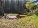 Tranquil pond edged with stones, surrounded by verdant landscape at 29825 Kennedy Gulch Rd, Conifer, CO 80433