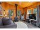 Inviting living room with a wood-burning stove, plush seating, and natural light from the surrounding trees at 34788 Forest Estates Rd, Evergreen, CO 80439