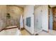 Luxurious bathroom featuring a walk-in glass shower and a soaking tub with modern fixtures at 11194 W Yucca, Littleton, CO 80125