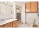 Bathroom features a shower, single sink with wood cabinetry, and toilet at 502 Nile St, Aurora, CO 80010