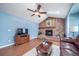 Inviting living room showcasing a brick fireplace, skylights, wood floors and comfortable seating at 18263 E Berry Dr, Centennial, CO 80015