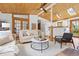 Inviting living room featuring wood ceilings, skylights, plush seating, and a ceiling fan at 270 31St St, Boulder, CO 80305