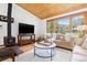 Cozy living room featuring a wood stove, a comfortable sofa, and a large window with scenic views at 270 31St St, Boulder, CO 80305