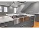 Modern kitchen with a stainless steel cooktop island, grey cabinets and hardwood floors at 2724 Federal Blvd # 2, Denver, CO 80211