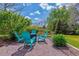 Charming backyard gravel patio featuring four turquoise chairs and lush surrounding landscape at 6918 E Easter Pl, Centennial, CO 80112