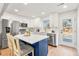 Modern kitchen with stainless steel appliances and a blue island at 2995 Ivanhoe St, Denver, CO 80207