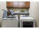 Bright laundry room includes side-by-side washer and dryer with upper cabinets and shelving at 2486 S Monroe St. St, Denver, CO 80210
