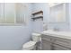 Cozy bathroom with a modern vanity, and decorative wooden shelving at 1584 S Fraser Way, Aurora, CO 80012