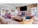 Cozy basement living room featuring a stone fireplace, comfortable seating and stylish decor at 8625 Eagle Moon Way, Parker, CO 80134