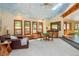 Inviting living room with a whimsical sky painted ceiling, complemented by warm wood accents and natural light at 6154 Belmont Way, Parker, CO 80134