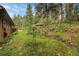 Spacious backyard with green grass, stone accents, a gazebo, and wooded views at 29832 Dorothy Rd, Evergreen, CO 80439