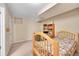 Neutral basement bedroom with a twin bed, beige walls, carpet flooring, and a wall-mounted bookcase at 29832 Dorothy Rd, Evergreen, CO 80439