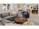 Spacious living room with a plush sofa, ottoman, and view into the kitchen at 1265 Saint Paul St, Denver, CO 80206