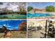 This collage showcases several community amenities including tennis courts, a pool, a gym, and natural outdoor spaces at 11884 Elk Head Range Rd, Littleton, CO 80127