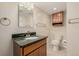 Bathroom featuring a sink with a dark countertop and a cabinet beneath, along with a toilet at 1190 Glencoe St, Denver, CO 80220
