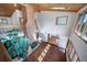Vaulted living room with brick fireplace, skylight, and large windows at 6601 Pike Cir, Larkspur, CO 80118