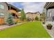 Manicured backyard features artificial turf, mature trees, and stone retaining wall at 6899 Petunia Pl, Castle Rock, CO 80108