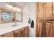 Bathroom features a rustic vanity with a white countertop and a coordinated wood-trimmed mirror at 1141 Beech St, Fort Lupton, CO 80621