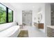 Spacious bathroom with a soaking tub, walk-in shower, floating vanity, and a view of the outdoors at 1241 S Garfield St, Denver, CO 80210