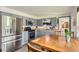 Functional kitchen featuring stainless steel appliances and light blue cabinets, with an adjacent dining table at 755 Braun St, Lakewood, CO 80401