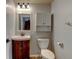 Charming half bathroom with a vanity, decorative mirror, and convenient storage space, located on the main floor at 3769 Dahlia St, Denver, CO 80207