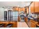 Modern kitchen with stainless steel appliances, custom cabinets, and a sleek breakfast bar at 1950 N Logan St # 108, Denver, CO 80203