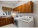 Functional laundry room with ample cabinet space, a sink, and modern washer and dryer at 1021 Neptunite Pl, Castle Rock, CO 80108