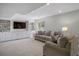 Inviting basement living area features an entertainment center, a sofa, and plush carpet at 9810 Townsville Cir, Highlands Ranch, CO 80130