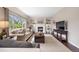 Bright living room featuring a fireplace, built-in shelves, and large windows at 9810 Townsville Cir, Highlands Ranch, CO 80130