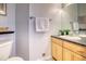 Half bath featuring a vanity with a sink and a toilet, next to a storage shelf at 23070 York Ave, Parker, CO 80138