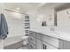 Modern bathroom with shower/tub and updated vanity featuring a marble countertop at 515 Bridger Ave, Fort Lupton, CO 80621