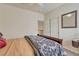 Cozy bedroom featuring soft lighting, neutral walls, and convenient closet with sliding doors at 2868 Breezy Ln, Castle Rock, CO 80109