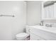 Bright bathroom featuring a white vanity with sink, toilet, mirror, and modern fixtures at 19003 E Oxford Dr, Aurora, CO 80013