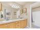 Bright bathroom with double sinks, wood cabinets, and a large mirror with vanity lighting at 19463 E Hollow Creek Dr, Parker, CO 80134