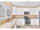 Functional kitchen featuring white cabinets, stainless steel appliances and countertop space at 19463 E Hollow Creek Dr, Parker, CO 80134