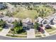 Aerial view of suburban home with landscaping, a three-car garage, and a community park nearby at 23580 E Portland Way, Aurora, CO 80016
