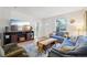 Cozy living room featuring a large TV, hardwood floors, and comfortable blue sofas at 422 Atwood St, Longmont, CO 80501