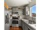 Updated kitchen with stainless steel appliances, sleek grey cabinetry, and ample countertop space at 265 N Holcomb St, Castle Rock, CO 80104