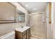 Cozy bathroom with walk-in shower, single sink vanity, and medicine cabinet at 7065 S Willow St, Centennial, CO 80112