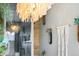 Decorated wall with modern chandelier and hanging plants, adjacent to kitchen at 882 E Briarwood Cir, Centennial, CO 80122