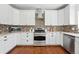 Modern kitchen featuring white cabinets, stainless steel appliances, and mosaic tile backsplash at 7430 E Bayaud Ave, Denver, CO 80230