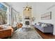Bright living room with high ceilings, large windows, fireplace, and comfortable seating at 7430 E Bayaud Ave, Denver, CO 80230