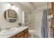 Full bathroom with a shower-tub combo and a single sink vanity with wooden cabinets at 13606 E Bates Ave # 304, Aurora, CO 80014