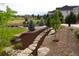 Beautifully landscaped backyard with rock pathway and green grass at 7635 Weaver Cir, Castle Rock, CO 80104