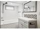 Modern bathroom featuring a tub, large shower head, vanity, and patterned tile at 3196 S Logan St, Englewood, CO 80113