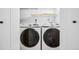 Bright laundry room with side-by-side Samsung washer and dryer and convenient shelving at 3196 S Logan St, Englewood, CO 80113
